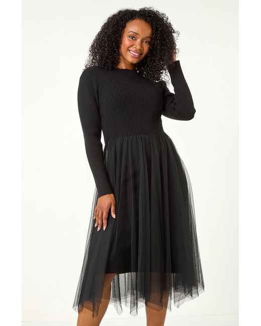 Roman Petite Black Contrast Knit Mesh Dress