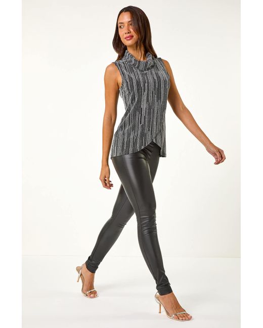 Roman Black Shimmer Line Cowl Neck Tunic Top