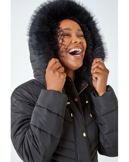 Roman Petite Black Faux Fur Hood Puffer Coat