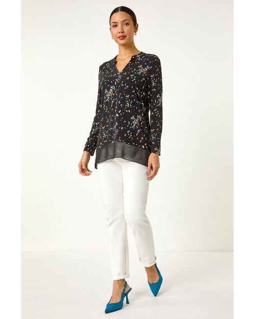 Roman Black Abstract Print V-Neck Tunic Top