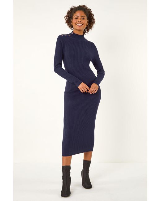 D.u.s.k Blue Button Detail Knitted Midi Dress