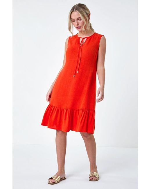 Roman Red Originals Petite Linen Blend Tie Frill Hem Dress