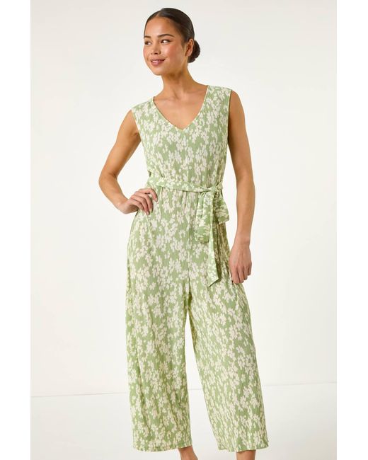Roman Petite Green Floral Crinkle Crop Jumpsuit