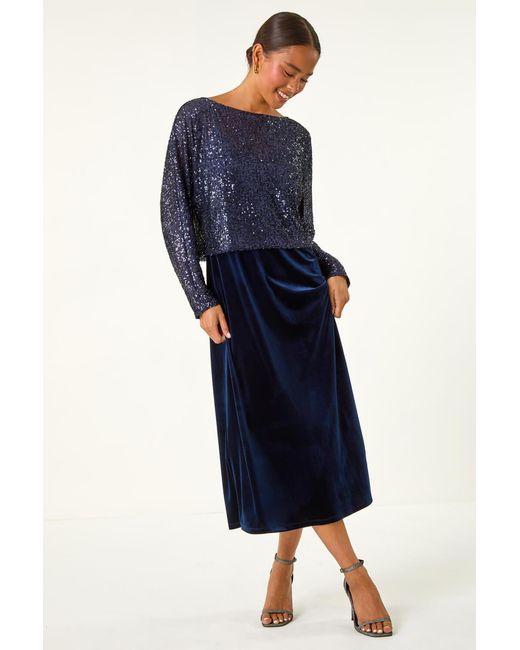 Roman Petite Blue Contrast Sequin Velvet Dress