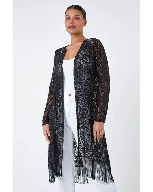 Lilly-and-Hope Blue Lace Longline Fringed Cardigan
