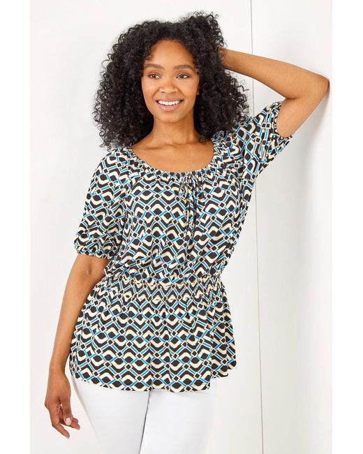 Roman Petite Blue Geo Print Shirred Waist Top