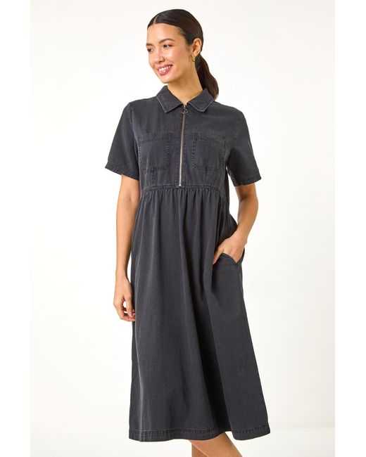 Roman Blue Denim Zip A-Line Midi Dress