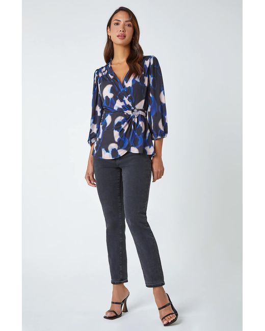 Roman Blue Abstract Print Ring Detail V-Neck Wrap Top