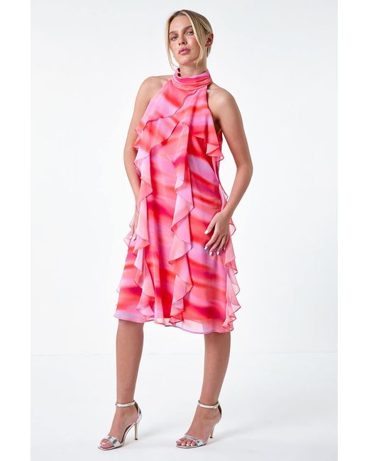 Roman Petite Red Abstract Halter Neck Ruffle Dress