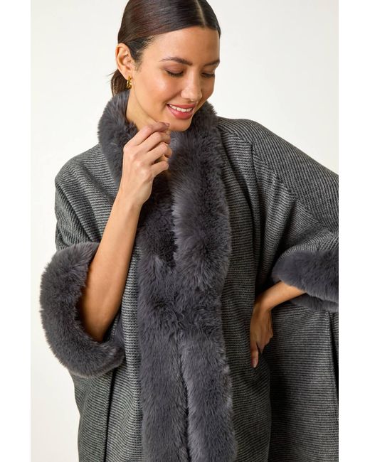 Roman Gray Textured Faux Fur Trim Cape