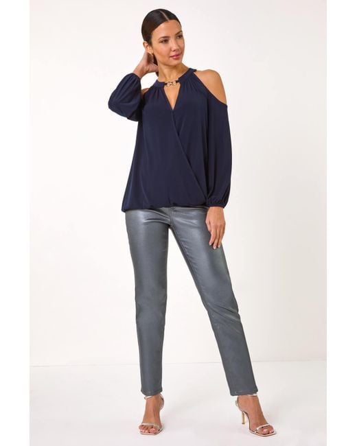 Roman Blue Cold Shoulder Wrap Stretch Top