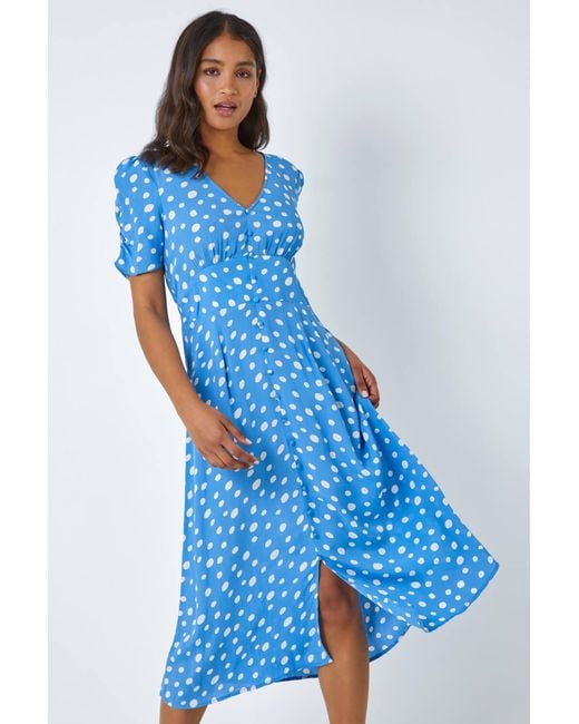 Roman Blue Polka Dot Ruched Sleeve Midi Dress