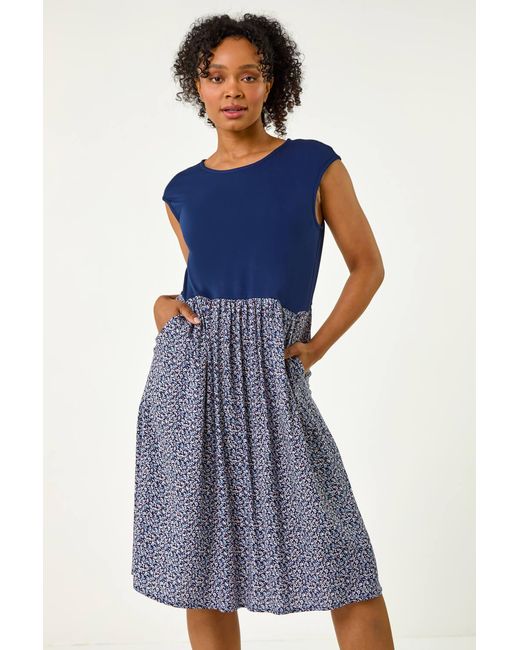 Roman Petite Blue Paisley Contrast Skirt Pocket Dress