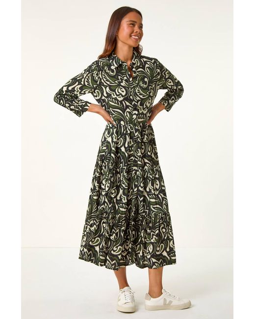 Roman Petite Green Floral Button Tiered Midi Dress