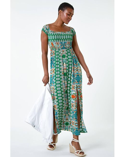Roman Blue Patchwork Shirred Bardot Maxi Dress