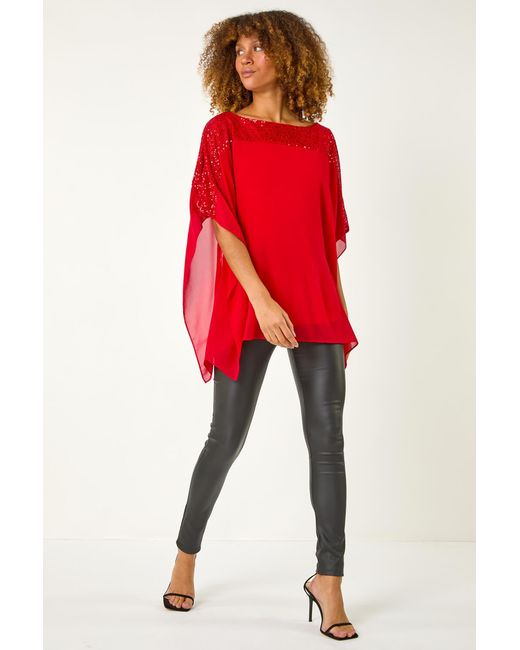 Roman Red Sequin Yoke Contrast Chiffon Top