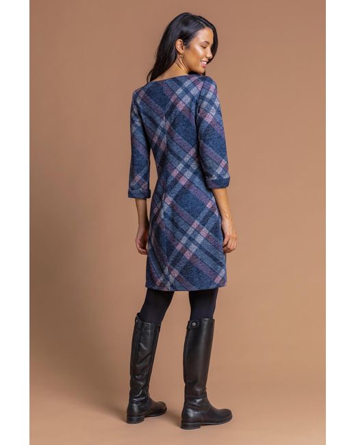 Roman Blue Check Print Pocket Shift Dress
