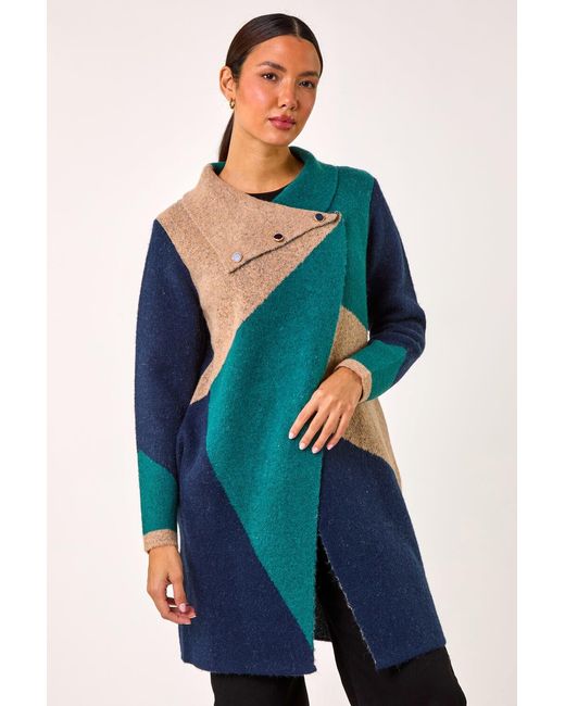 Roman Blue Colour Block Button Collar Knit Cardigan