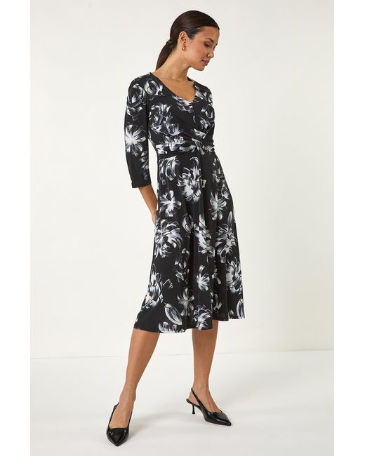 Roman Black Floral Print Wrap Front Stretch Dress