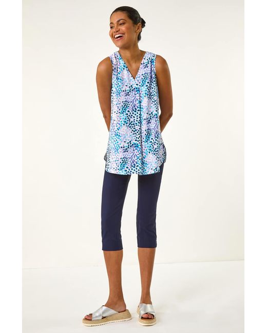 Roman Blue Abstract Print V-Neck Pleat Top