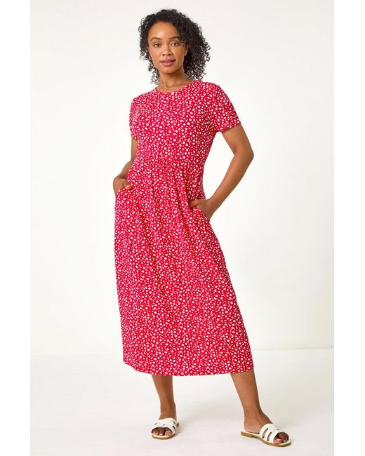 Roman Petite Red Spot Print Stretch Midi Dress
