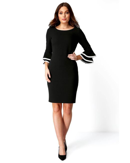 Roman Black Double Fluted 3/4 Length Sleeve Formal Office Midi Dress