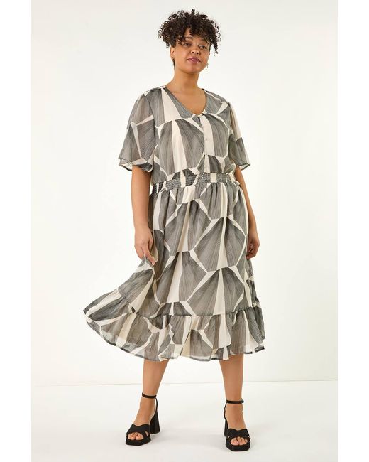 Roman Curve Black Abstract Button Detail Midi Dress
