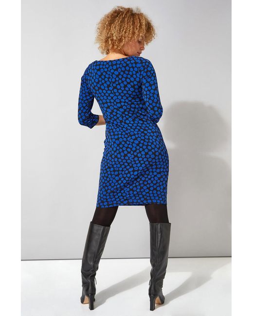 Roman Blue Spot Twist Waist Dress