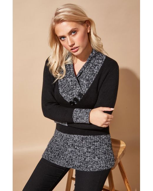 Roman Black V-Neck Overlap Button Detail Longline Jumper
