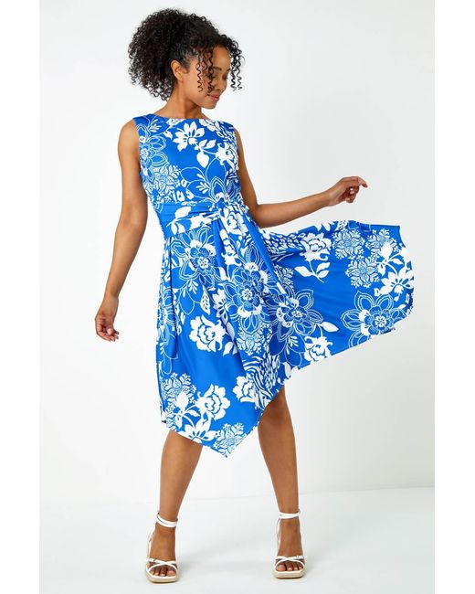Roman Petite Blue Tie Waist Floral Stretch Dress