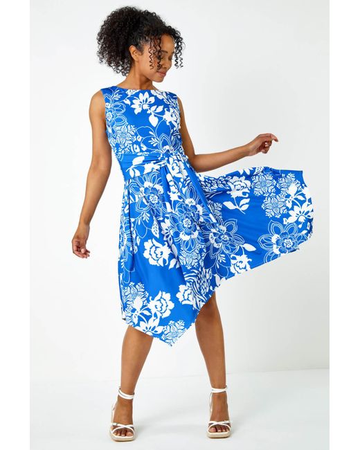 Roman Blue Originals Petite Tie Waist Floral Stretch Dress