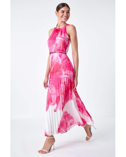 Roman Pink Floral Pleated Halterneck Maxi Dress