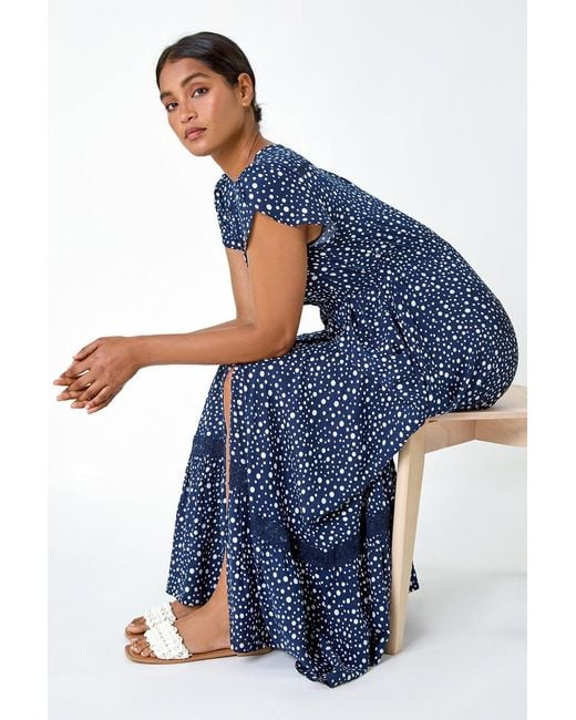 Roman Blue Polka Dot Lace Detail Maxi Dress