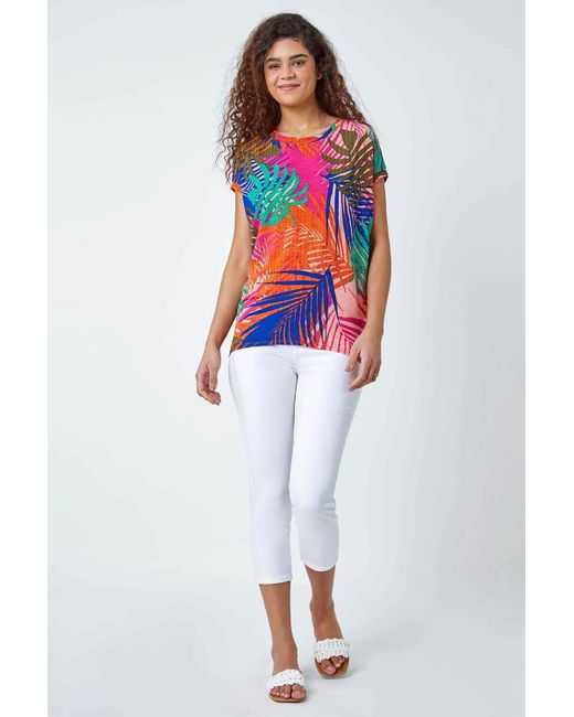 Roman Red Tropical Print Cocoon Stretch Top