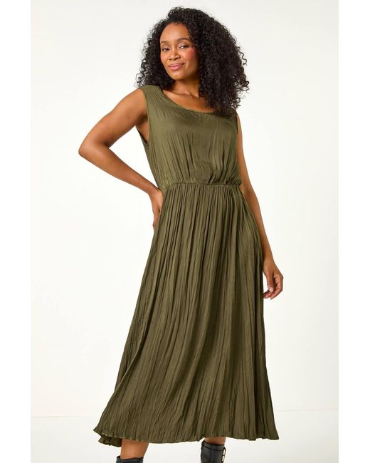 Roman Petite Green Crush Pleat Midi Dress