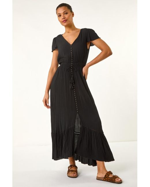 Roman Black Tiered Buttoned Maxi Dress
