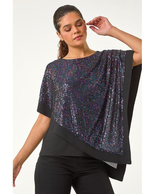 Roman Blue Sequin Overlay Stretch Tunic Top