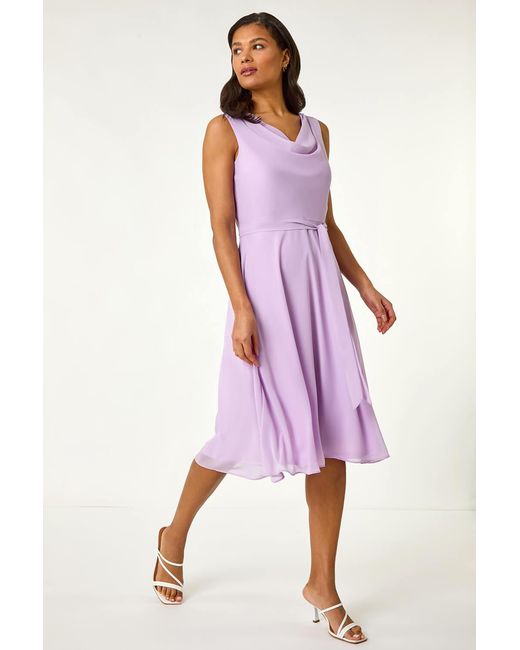 Roman Purple Cowl Neck Tie Waist Dress