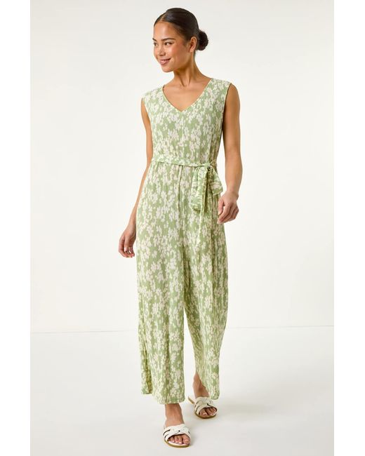 Roman Petite Green Floral Crinkle Crop Jumpsuit