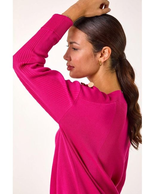 Roman Pink Slash Neck Button Detail Knit Jumper