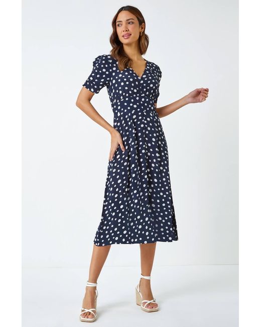 Roman Blue Polka Dot Ruched Sleeve Midi Dress