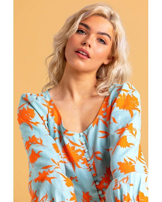 D.u.s.k Orange Button Though Floral Print Blouse