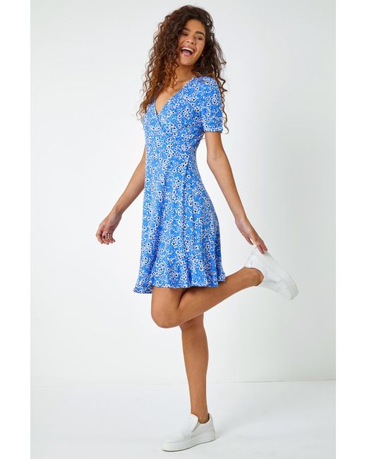 Roman Blue Floral Print Wrap Dress