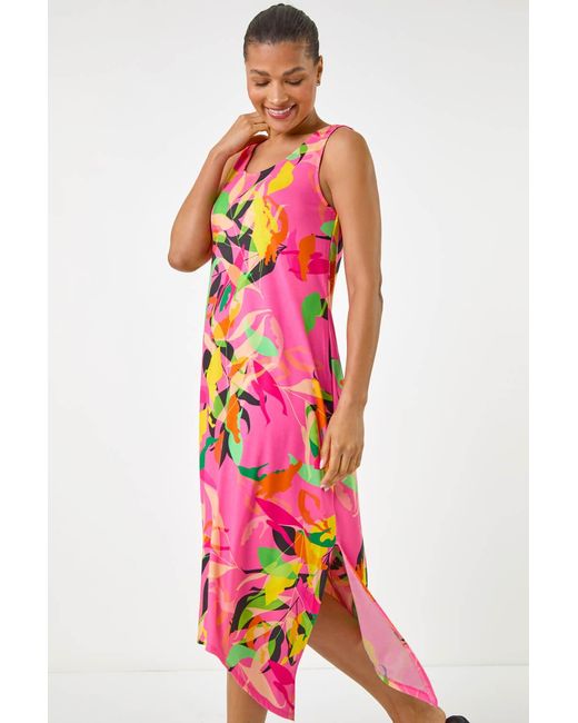 Roman Red Floral Print Hanky Hem Midi Dress