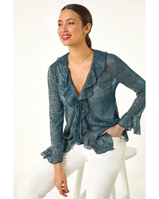 Roman Blue Plisse Print Front Frill Top