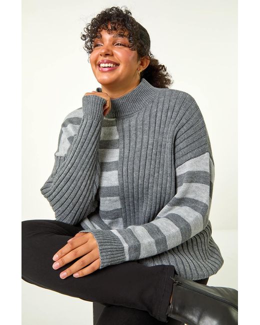 Roman Curve Gray Contrast Stripe High Neck Jumper