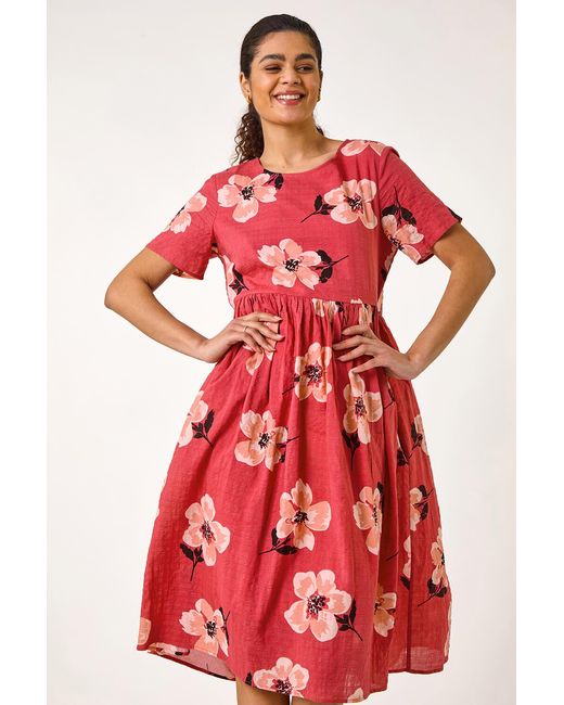 Roman Red Floral Smock Midi Dress