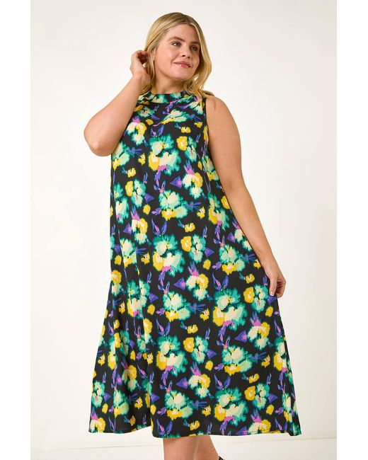 Roman Curve Green Highneck Floral Midi Dress
