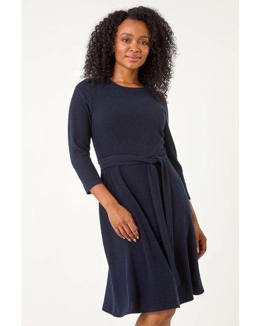 Roman Petite Blue Ribbed Tie Waist Detail Dress