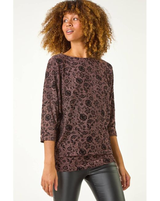 Roman Brown Floral Print Banded Glitter Top